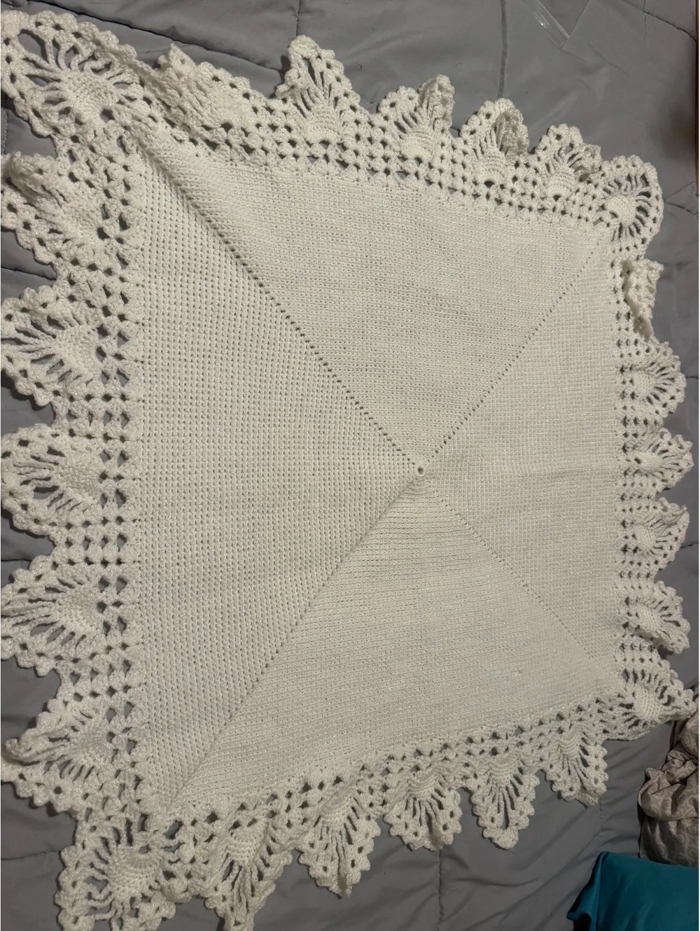 Handmade Crocheted Baby Blanket White Square Afghan 32x33 Lace Shell Border